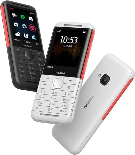 Nokia 5310 (2020) shown in three color variants—black with red accents, white with red accents, and rear view—displaying menu screens and keypad