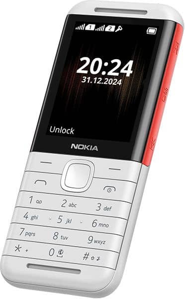 Nokia 5310 (2024) front view, white and red phone with display showing time 20:24, physical keypad, and unlock prompt