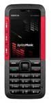 Nokia 5310 XpressMusic front view, red and black candybar phone with numeric keypad and small screen