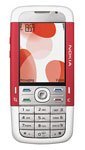 Nokia 5700 XpressMusic front view, white phone with red display showing music player interface and silver keypad