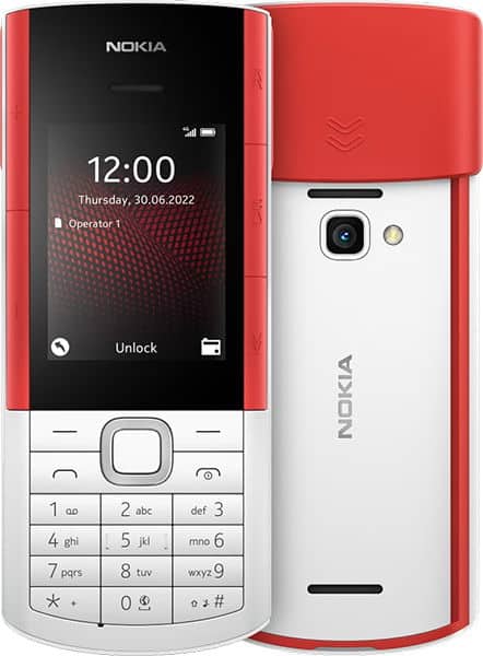 Nokia 5710 XA front and rear view, red and white phone with numeric keypad and small display screen showing time and date