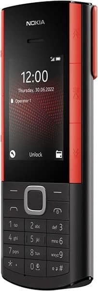 Nokia 5710 XA front view, red and black slider phone with display showing time and date, numeric keypad below