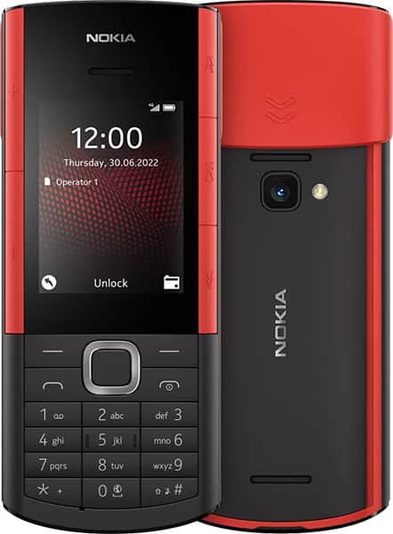 Nokia 5710 XA front and rear views, red and black candybar phone with physical keypad and camera