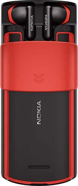Nokia 5710 XA front view showing red and black phone with detachable wireless earbuds in charging case