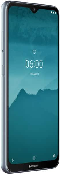Nokia 6.2 front view, showing lock screen with time 06:00 and teal mountain landscape wallpaper