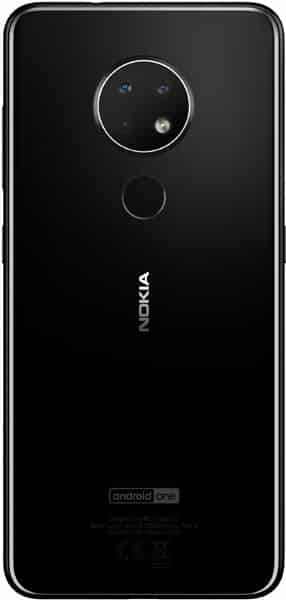 Nokia 6.2 rear view, black with dual camera lens and fingerprint sensor