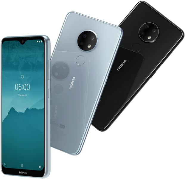 Nokia 6.2 displayed from front and rear angles, showing teal screen with clock display and circular camera module on back in light blue and black finishes