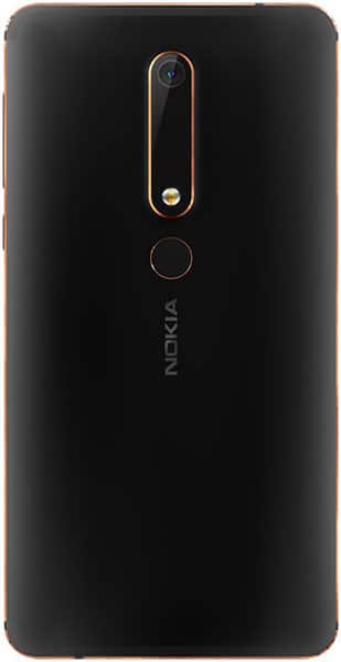 Nokia 6 (2018) rear view, black with copper accents, showing camera and fingerprint sensor