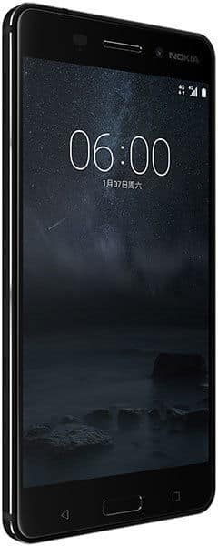 Black Nokia 6 smartphone at angled front view, screen shows 06:00, starry night, and January 7th date in Chinese.