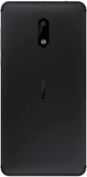 Rear view of black Nokia 6 smartphone with single rear camera, flash underneath, and centered Nokia logo.