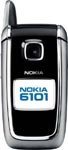 Nokia 6101 mobile phone, open position, showing black exterior with silver trim and screen display