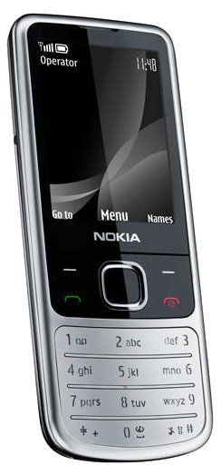 Nokia 6303i Classic front view, black and silver candybar phone with numeric keypad and display screen