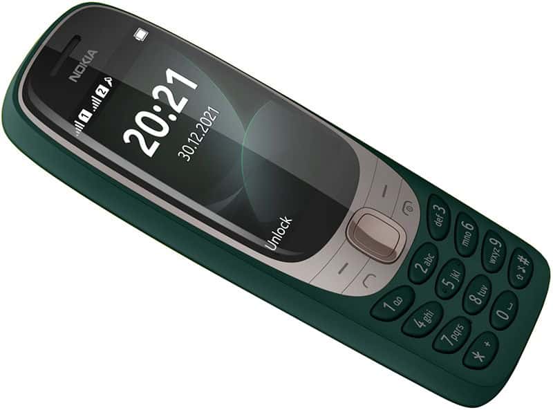 Nokia 6310 (2021) front view, dark green with curved screen displaying time and date, physical keypad below