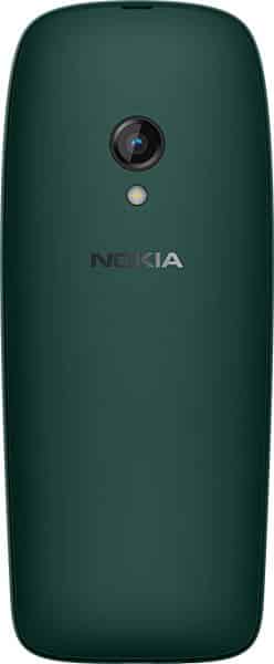 Nokia 6310 (2021) rear view, showing camera lens and flash on dark green curved back panel