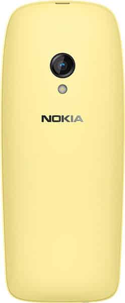 Nokia 6310 (2021) rear view, yellow phone with camera lens and Nokia branding centered on back