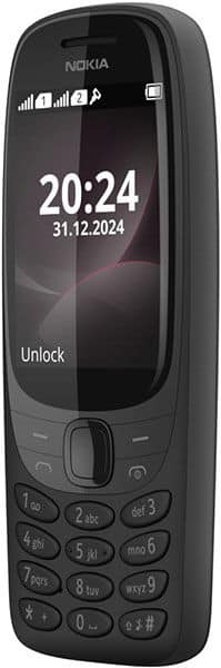 Nokia 6310 (2024) front view, displaying time and date on screen with physical keypad below