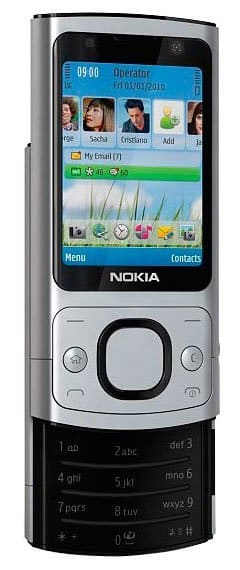 Nokia 6700 slide NAM, front view, silver and black slider phone with touchscreen displaying contacts and applications above numeric keypad