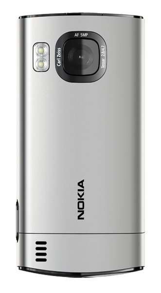 Nokia 6700 slide NAM rear view, silver with dual camera, AF 5MP label, and speaker grille