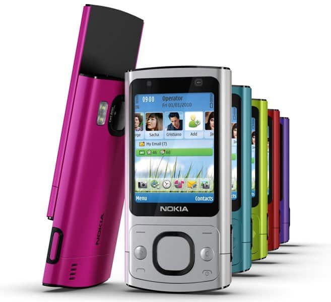 Nokia 6700 slide NAM displayed front-on with slide mechanism open, surrounded by colorful variants in magenta, silver, teal, and lime