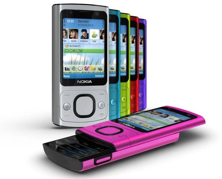 Nokia 6700 slide NAM in multiple colors, displayed upright and laid flat showing slide mechanism and touchscreen interface