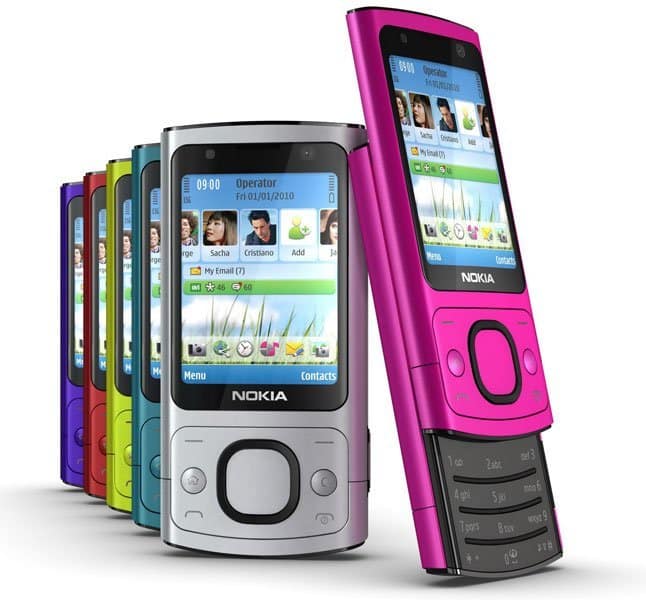 Nokia 6700 slide NAM in multiple colors, front and side views, displaying home screen with contacts and applications