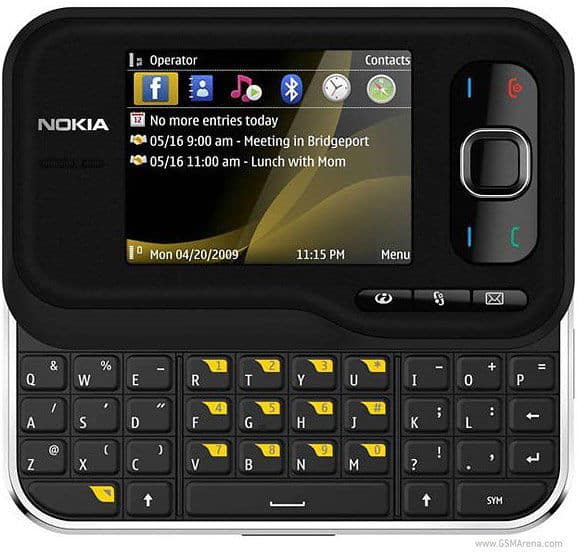 Nokia 6760 front view with slide-out QWERTY keyboard, displaying home screen with calendar and notifications