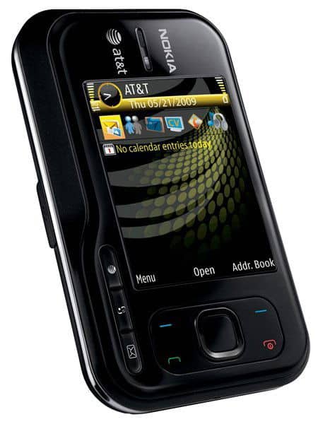 Nokia 6760 front view, black phone with slide-out QWERTY keyboard, displaying AT&T network and home screen with yellow and blue icons