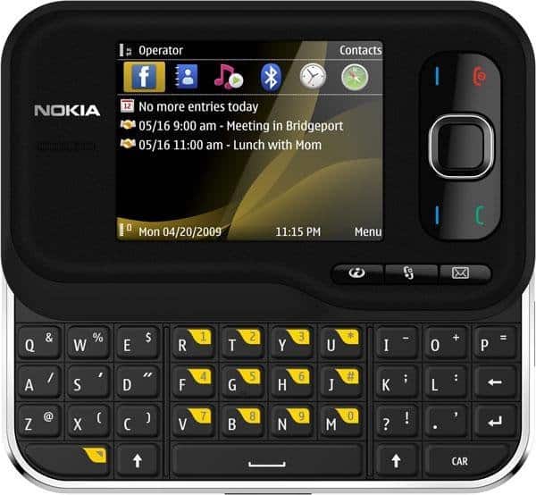 Nokia 6790 Surge front view with slide-out QWERTY keyboard, display showing calendar and contacts, black casing with silver trim