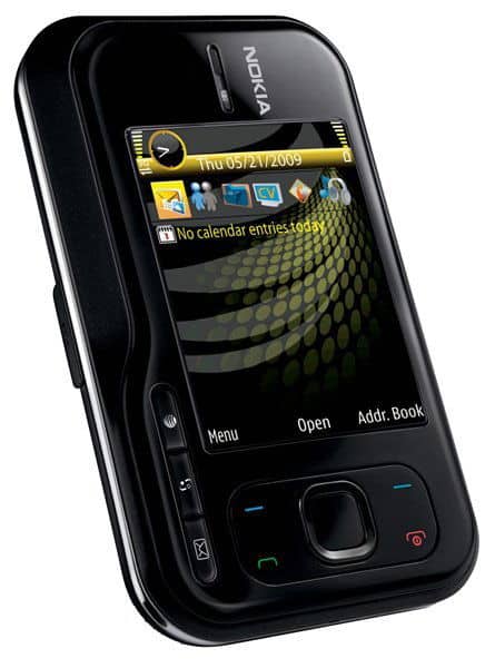Nokia 6790 Surge front view, black slider phone with screen displaying date and menu options