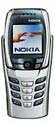 Nokia 6800 mobile phone, front view, with silver metallic finish and small screen displaying a landscape image