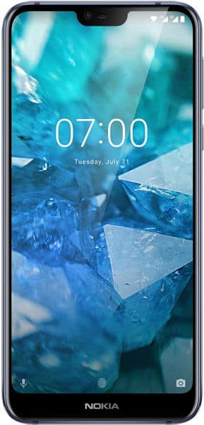 Front view of Nokia 7.1 showing time 07:00, date July 31, blue crystal wallpaper, and Nokia logo at the bottom bezel.