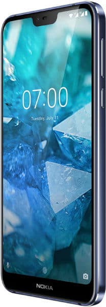 Nokia 7.1 front angled view, blue metallic frame, screen shows 07:00, July 31; Nokia logo at bottom bezel.
