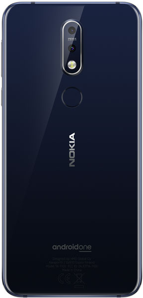 Rear view of dark blue Nokia 7.1 with single camera, flash, fingerprint sensor, Nokia logo, and androidone branding at bottom.