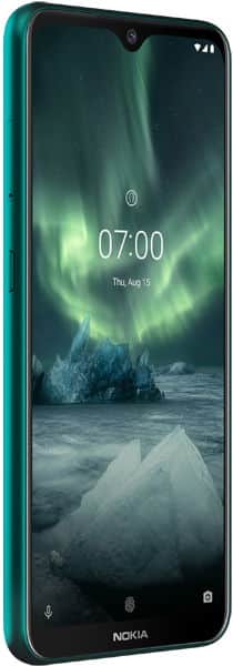Nokia 7.2 smartphone with green frame shown at a diagonal front angle; display shows time, date, and aurora wallpaper.