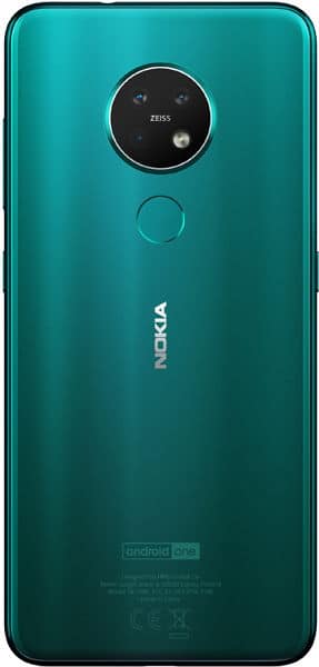 Rear view of teal Nokia 7.2 with circular triple Zeiss camera, fingerprint sensor below, and Android One branding at bottom.