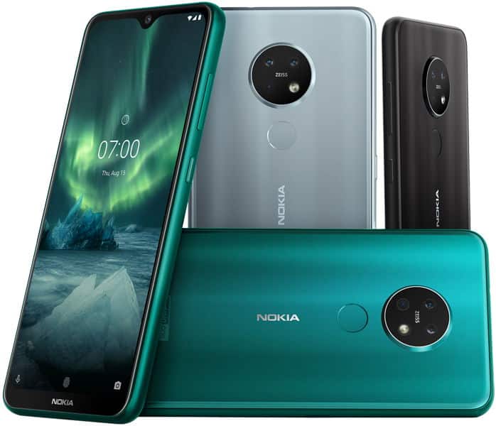 Nokia 7.2 and three other Nokias in green, silver, black; front view with display, rear views showing cameras and fingerprint sensors.