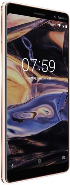 Nokia 7 Plus front view, displaying lock screen with time 07:59 and abstract colorful wallpaper