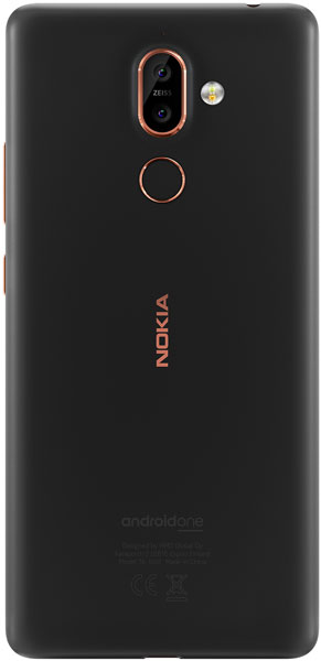 Nokia 7 Plus rear view, black with copper accents, dual camera and fingerprint sensor visible