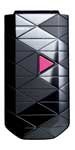 Nokia 7070 Prism front view, black phone with geometric diamond-pattern design and purple play button icon on display