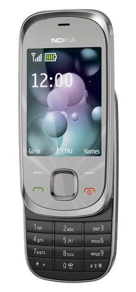 Nokia 7230 front view, silver and black slider phone with screen displaying time and colorful bubble wallpaper
