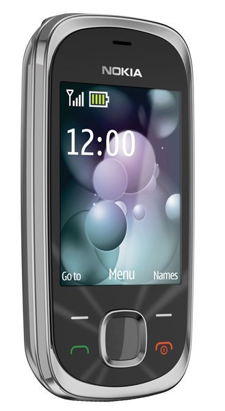 Nokia 7230 mobile phone, front view, displaying time 12:00 on screen with menu options below