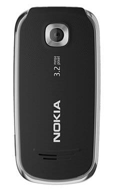 Nokia 7230 rear view, black phone with camera, speaker, and branding visible