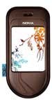 Nokia 7370 phone, front view, closed in brown with decorative floral design on screen