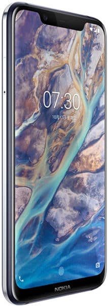 Nokia 8.1 smartphone displaying home screen with time 07:30 and abstract blue and purple wallpaper, front view