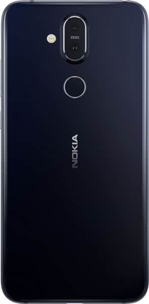 Nokia 8.1 rear view showing dark blue back with dual camera setup, fingerprint sensor, and Nokia branding