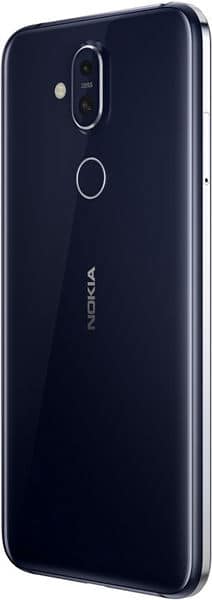 Nokia 8.1 rear view, showing dark blue back with dual camera setup and fingerprint sensor