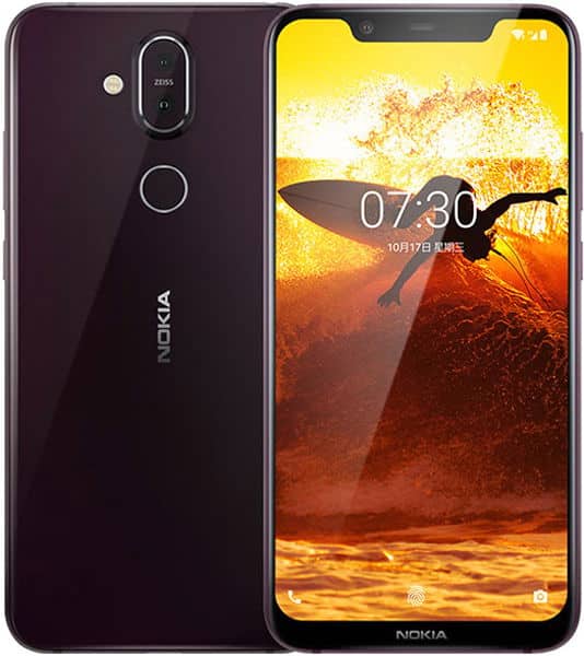 Nokia 8.1 front and rear view showing dark purple body with dual camera and display screen showing landscape wallpaper