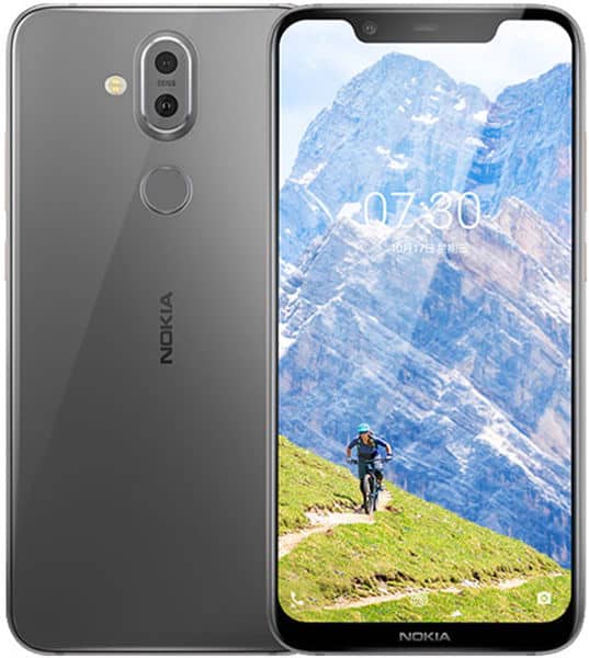 Nokia 8.1 front and rear view, gray, showing dual rear cameras and notched display with mountain landscape wallpaper