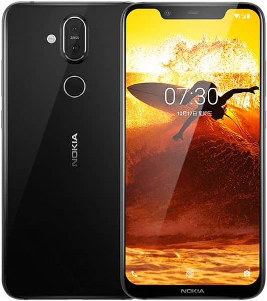 Nokia 8.1 front and rear view, black phone with dual cameras and notched display showing landscape wallpaper