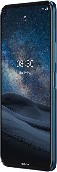 Nokia 8.3 5G front view showing locked screen with starry night sky wallpaper, time display, and blue frame